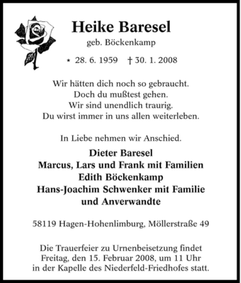  Traueranzeige für Heike Baresel vom 12.02.2008 aus Tageszeitung