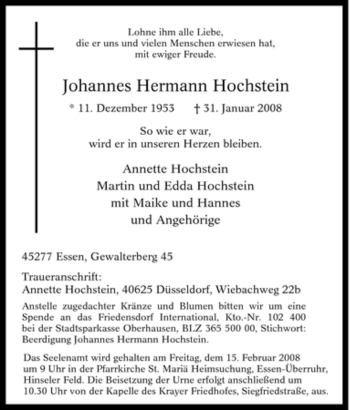 Traueranzeige von Johannes Hermann Hochstein von Tageszeitung