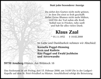 Traueranzeige von Klaus Zaal von Tageszeitung