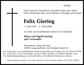 Traueranzeige von Felix Giering von Tageszeitung