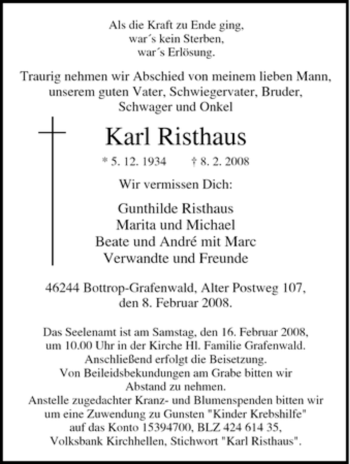 Traueranzeige von Karl Risthaus von Tageszeitung