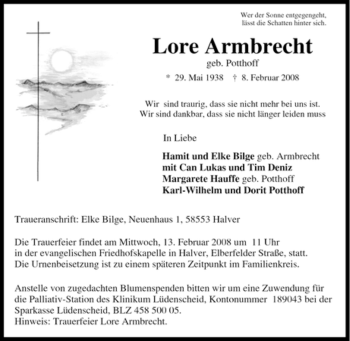 Traueranzeige von Lore Armbrecht von Tageszeitung