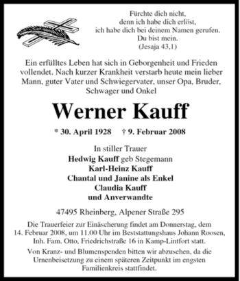 Traueranzeige von Werner Kauff von Tageszeitung