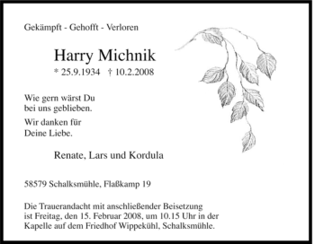 Traueranzeige von Harry Michnik von Tageszeitung