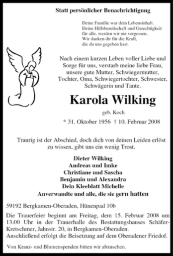 Traueranzeige von Karola Wilking von Tageszeitung