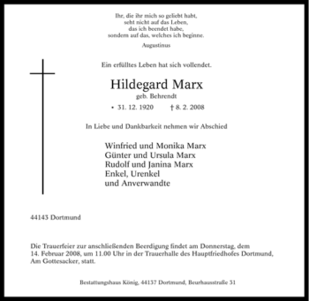 Traueranzeige von Hildegard Marx von Tageszeitung