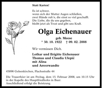 Traueranzeige von Olga Eichenauer von Tageszeitung