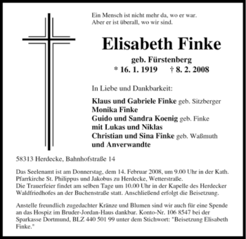 Traueranzeige von Elisabeth Finke von Tageszeitung