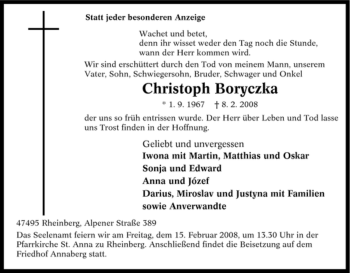 Traueranzeige von Christoph Boryczka von Tageszeitung