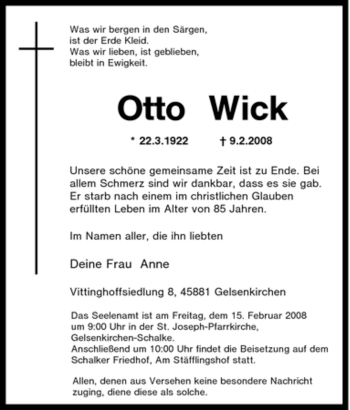 Traueranzeige von Otto Wick von Tageszeitung