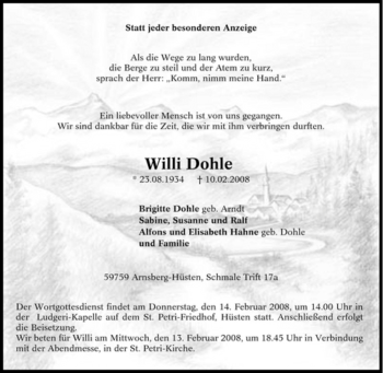 Traueranzeige von Willi Dohle von Tageszeitung