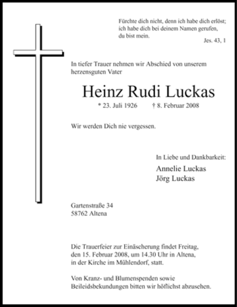  Traueranzeige für Heinz Rudi Luckas vom 12.02.2008 aus Tageszeitung