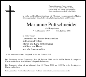 Traueranzeige von Marianne Püttschneider von Tageszeitung