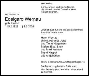 Traueranzeige von Edelgard Wernau von Tageszeitung