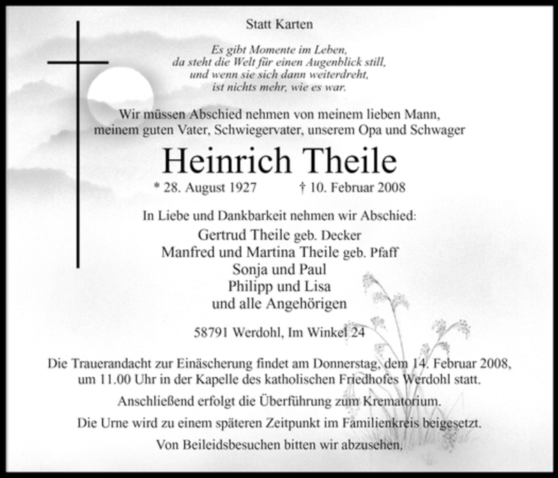  Traueranzeige für Heinrich Theile vom 12.02.2008 aus Tageszeitung
