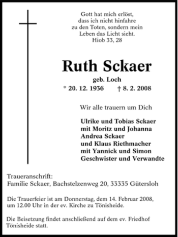 Traueranzeige von Ruth Sckaer von Tageszeitung
