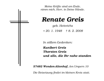Traueranzeige von Renate Greis von Tageszeitung