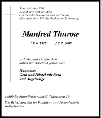 Traueranzeige von Manfred Thurow von Tageszeitung