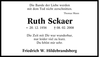 Traueranzeige von Ruth Sckaer von Tageszeitung