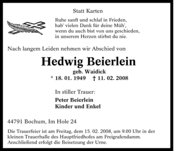 Traueranzeige von Hedwig Beierlein von Tageszeitung