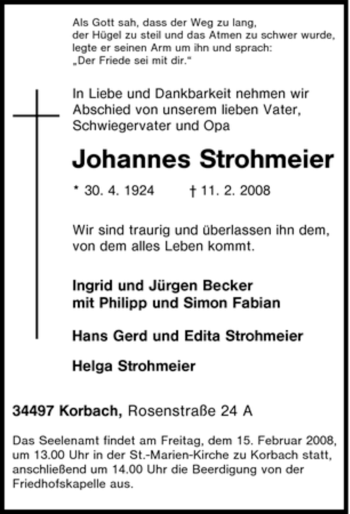 Traueranzeige von Johannes Strohmeier von Tageszeitung