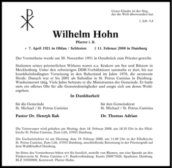 Traueranzeige von Wilhelm Hohn von Tageszeitung