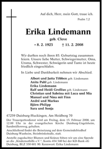 Traueranzeige von Erika Lindemann von Tageszeitung