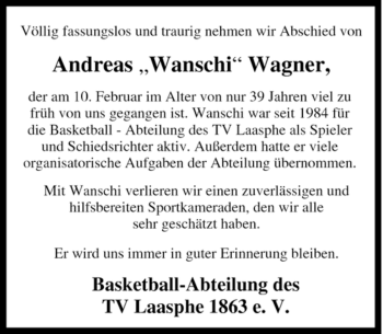 Traueranzeige von Andreas Wagner von Tageszeitung