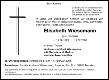 Traueranzeige von Elisabeth Wiesemann von Tageszeitung