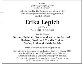 Traueranzeige von Erika Lepich von Tageszeitung