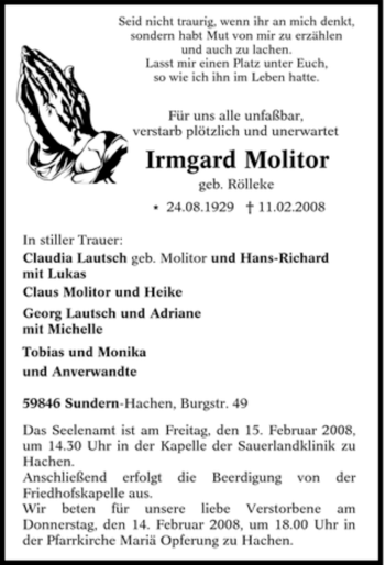 Traueranzeige von Irmgard Molitor von Tageszeitung