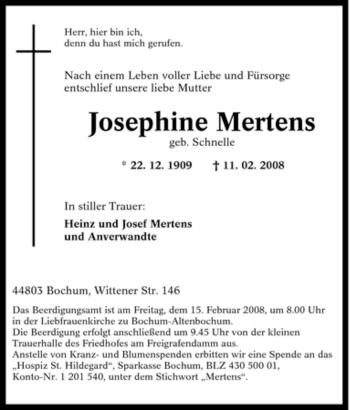 Traueranzeige von Josephine Mertens von Tageszeitung
