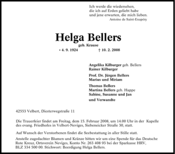 Traueranzeige von Helga Bellers von Tageszeitung