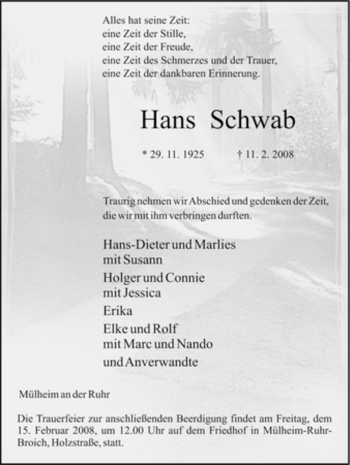 Traueranzeige von Hans Schwab von Tageszeitung
