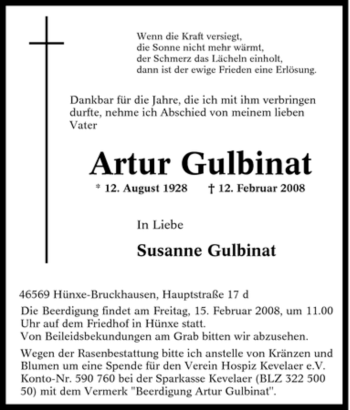 Traueranzeige von Artur Gulbinat von Tageszeitung