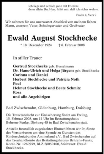 Traueranzeige von Ewald August Stockhecke von Tageszeitung