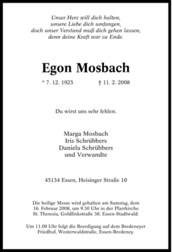 Traueranzeige von Egon Mosbach von Tageszeitung