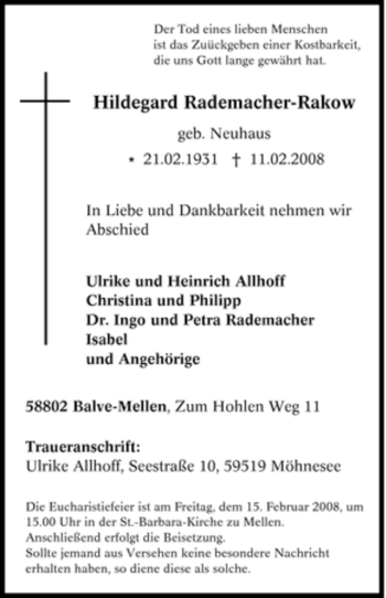 Traueranzeige von Hildegard Rademacher-Rakow von Tageszeitung