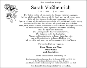 Traueranzeige von Sarah Voßhenrich von Tageszeitung
