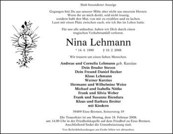 Traueranzeige von Nina Lehmann von Tageszeitung