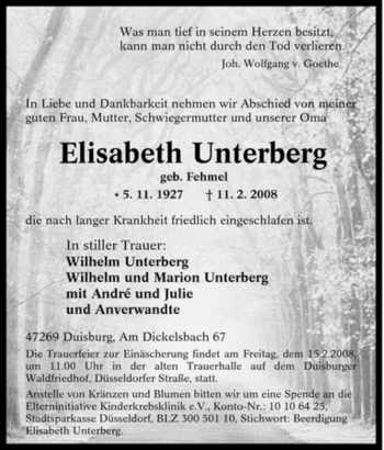 Traueranzeige von Elisabeth Unterberg von Tageszeitung