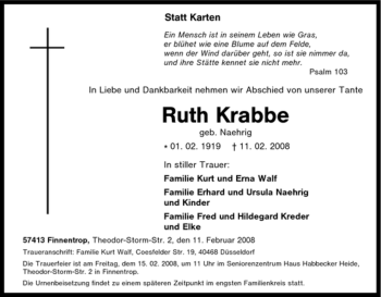Traueranzeige von Ruth Krabbe von Tageszeitung