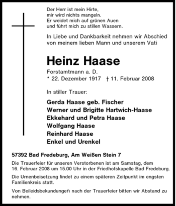 Traueranzeige von Heinz Haase von Tageszeitung