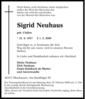 Traueranzeige von Sigrid Neuhaus von Tageszeitung
