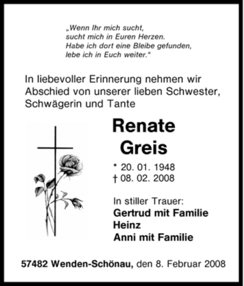 Traueranzeige von Renate Greis von Tageszeitung