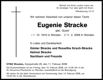 Traueranzeige von Eugenie Stracke von Tageszeitung