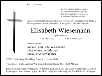 Traueranzeige von Elisabeth Wiesemann von Tageszeitung