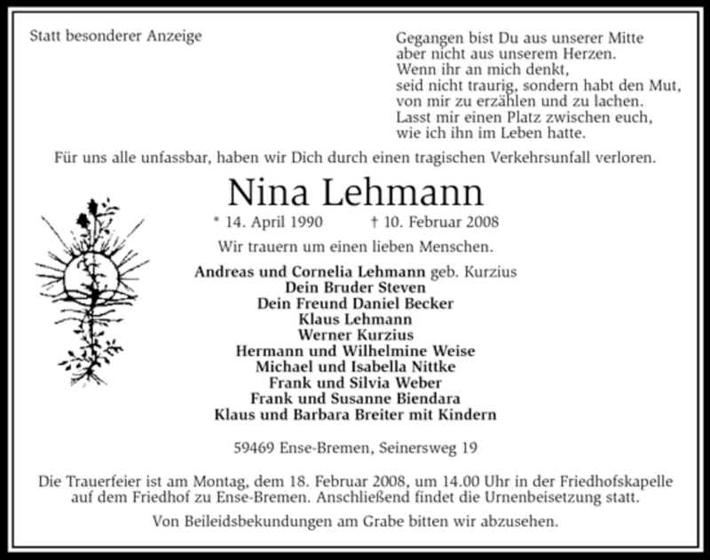 Traueranzeige für Nina Lehmann vom 13.02.2008 aus Tageszeitung