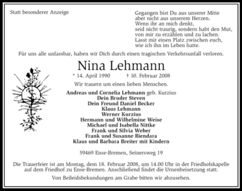 Traueranzeige von Nina Lehmann von Tageszeitung
