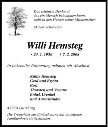 Traueranzeige von Willi Hemsteg von Tageszeitung